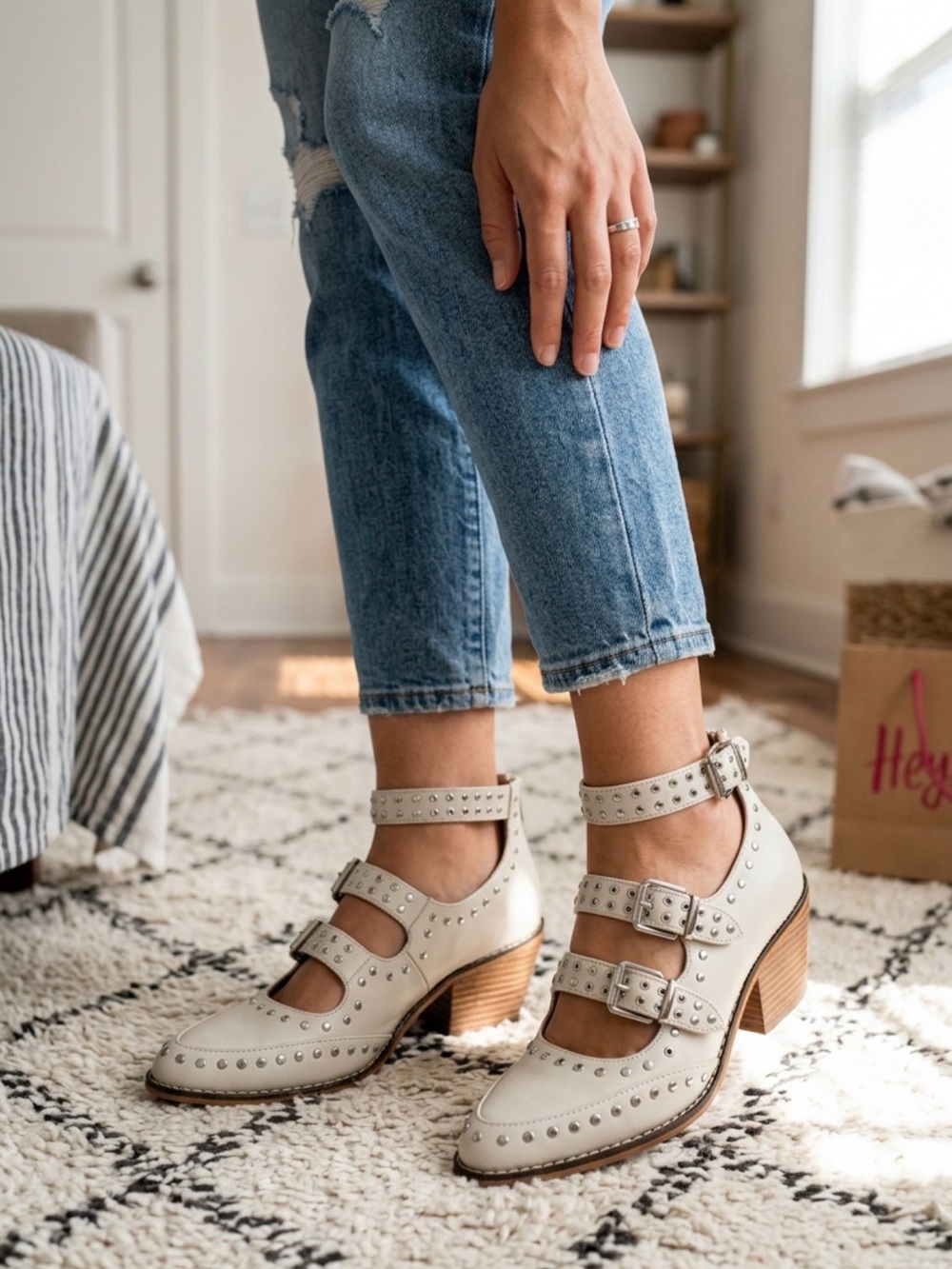 Studded Ivory Triple-Buckle Mary Jane Heels